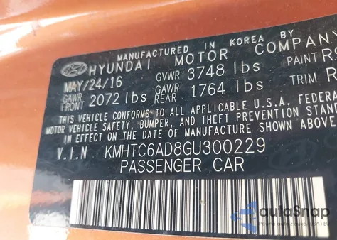 2016 Hyundai Veloster z USA, uszkodzony, nr VIN KMHTC6AD8GU300229